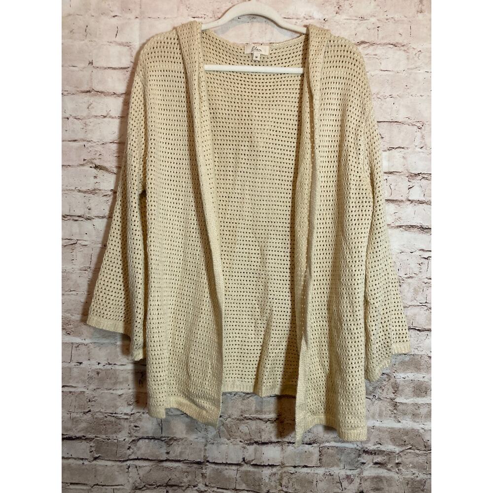 Elan Sweater Womens Medium Neutral Cream Waffle Knit Open Front‎ Cardigan Hooded